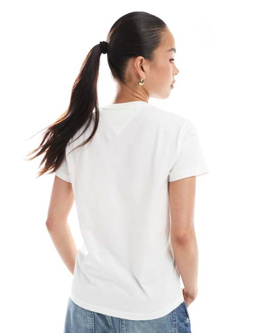 売れ筋商品|||トミーヒルフィガー カットソー トップス レディース Women's Cotton Gradient Flag Graphic T-Shirt ECRU Tommy Jeans gradient flag T-shirt in white and pink | ASOS