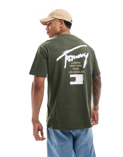 Tommy Jeans graffiti signature back print t-shirt in khaki green, 2 of 4