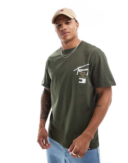 Tommy Jeans graffiti signature back print t-shirt in khaki green, 3 of 4