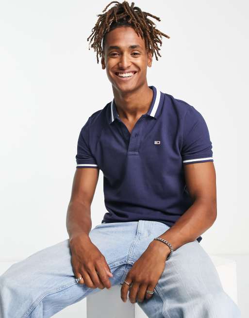 Tommy Jeans – Granatowa koszulka polo z piki z lamówkami i logo z flagą