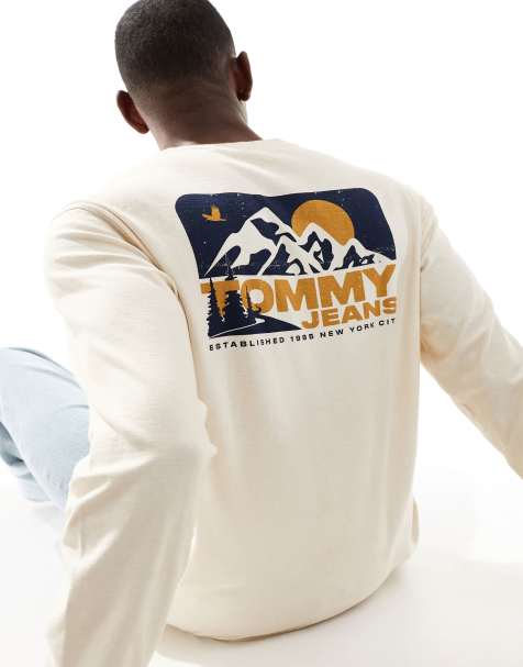 Tommy Jeans outdoors logo back print t-shirt in ecru and navy