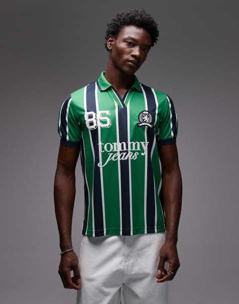Tommy Jeans football polo shirt in green and navy