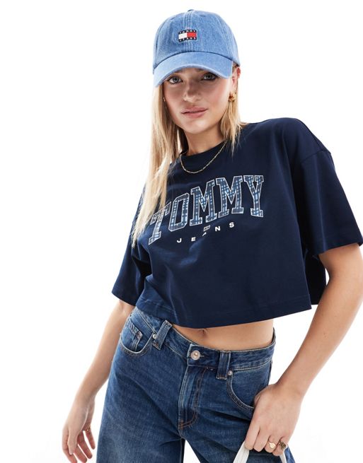 Tommy Jeans – Granatowy krótki T-shirt oversize z logo w szkocką kratkę