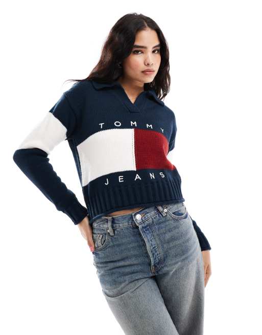 Tommy Jeans – Granatowy sweter z kołnierzykiem polo i logo z flagą