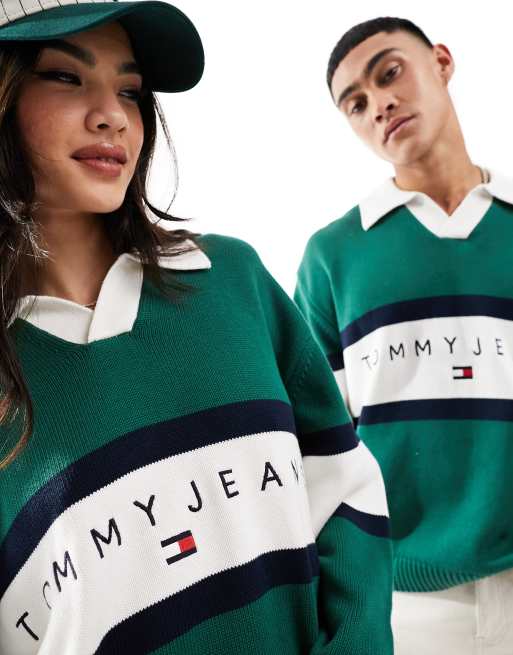 Tommy Jeans – Grön, avslappnad, stickad rugbytröja i unisex-modell med trophy-ringning, 3 av 4