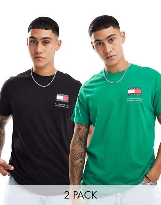 Tommy Jeans – Grön och svart t-shirt med stor flagglogga, 2-pack