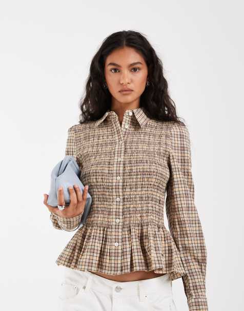 Tommy Jeans - Gul smock-skjorte med peplum-kant, tekstlogo og tern - view 1