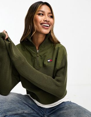 Tommy Jeans half zip badge rib sweater in olive green