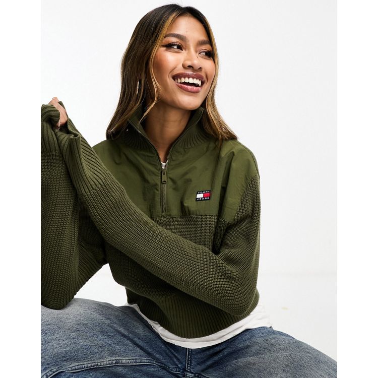 Tommy Jeans half zip badge rib sweater in olive green | ASOS