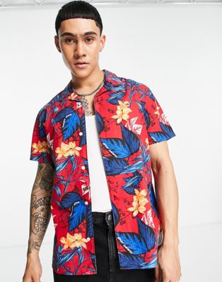 Tommy Jeans hawaiian tropical print short sleeve camp shirt classic fit in red