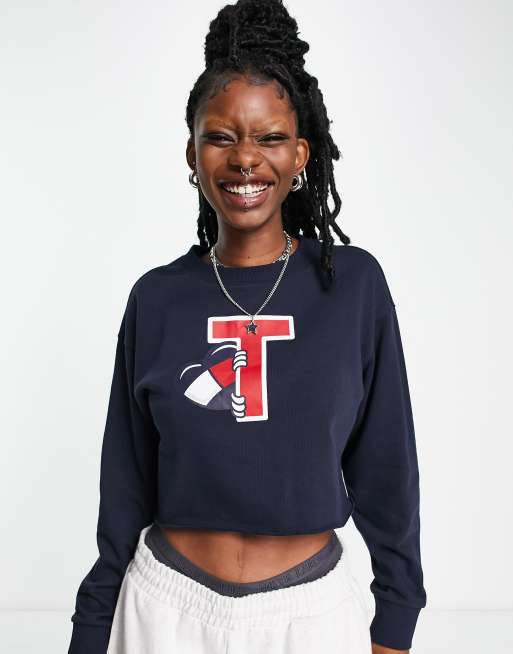 Tommy Jeans heart logo cropped crew neck sweatshirt in blue