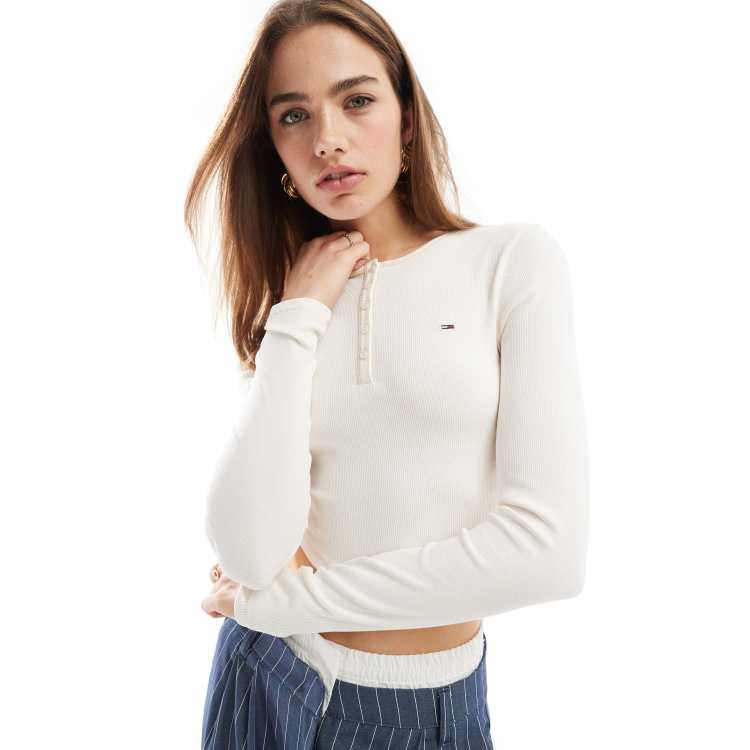 Body Femme Manches Longues Henley Côtelé - Haut Yoga Fitness Boutonné Décontracté