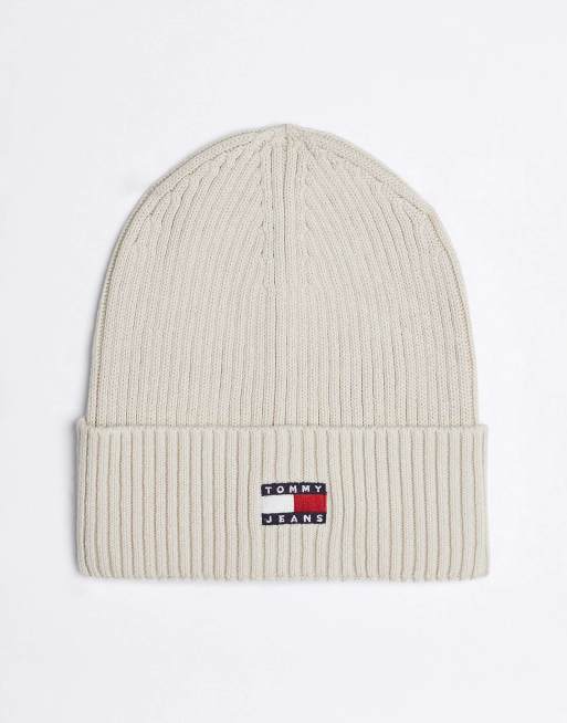 Tommy Jeans Heritage Badge Rib-Knit Beanie in Beige