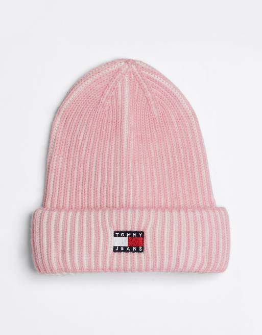 Tommy Jeans – Heritage – Gerippte Strickmütze in Hellrosa mit Wollanteil