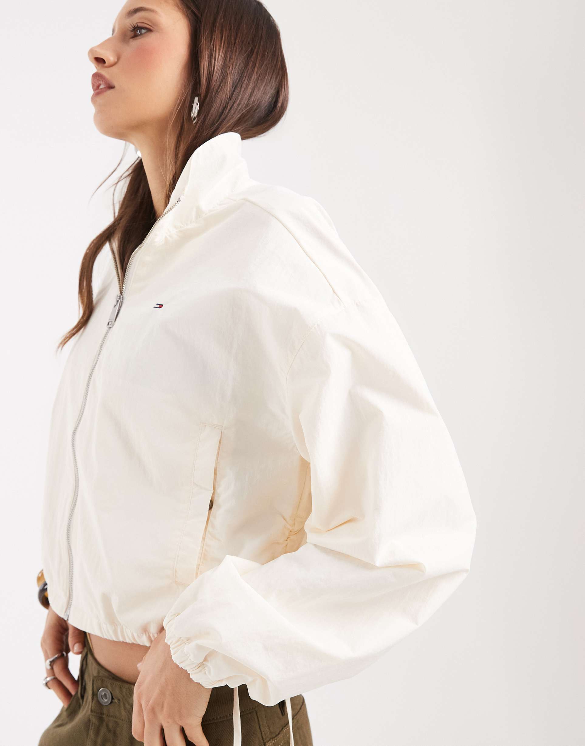 tommy jeans high neck jacket with tie detail in cream