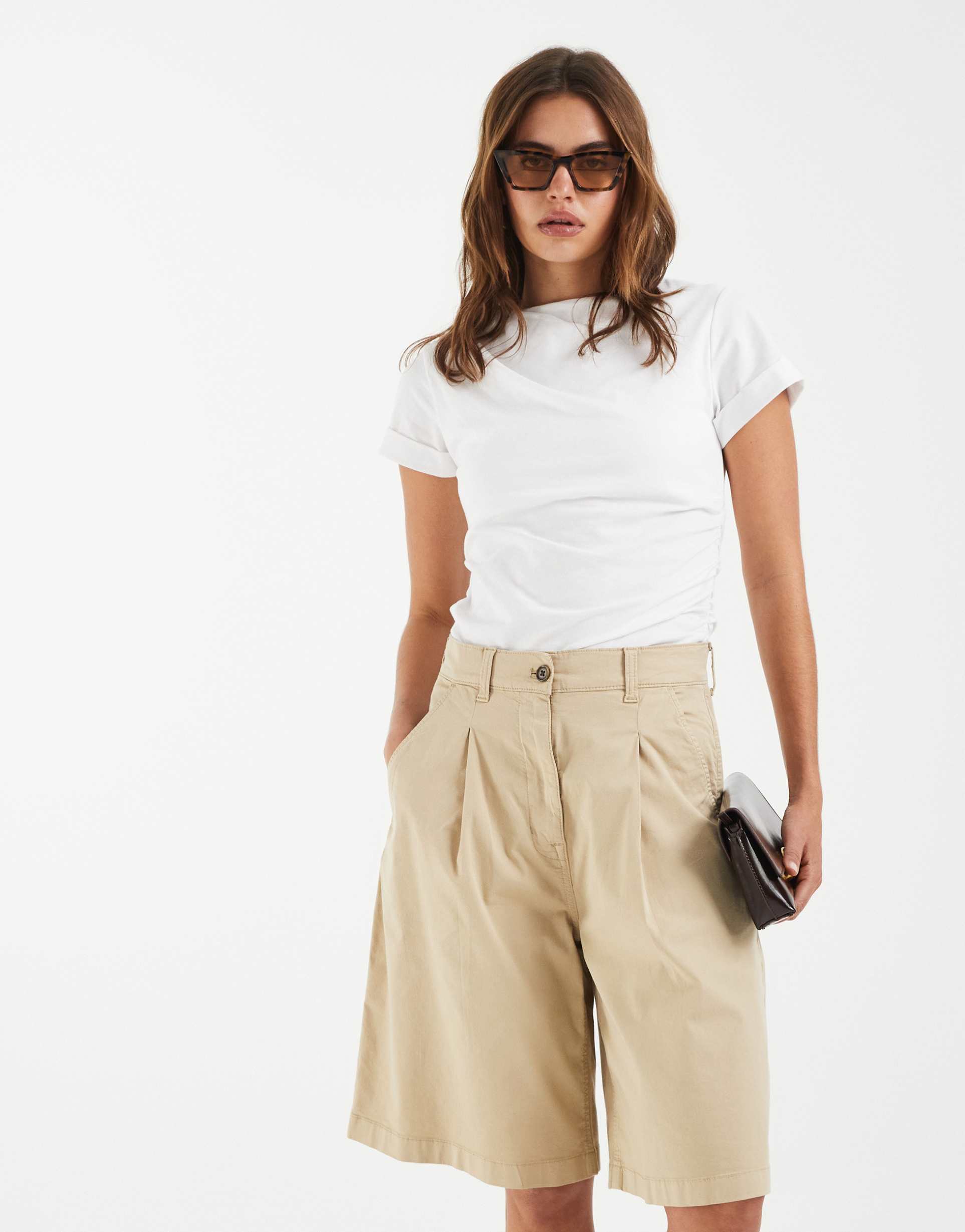 tommy jeans high rise long chino shorts in beige