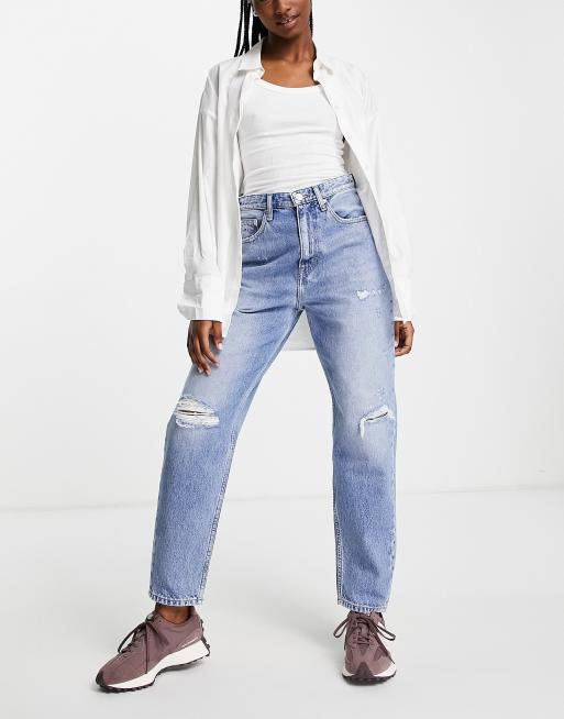 Tommy Jeans high rise ripped mom jean in mid wash