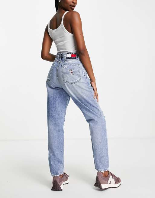 Tommy Jeans high rise ripped mom jeans in mid wash