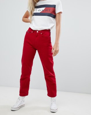 High Rise Straight Leg Jeans-Red