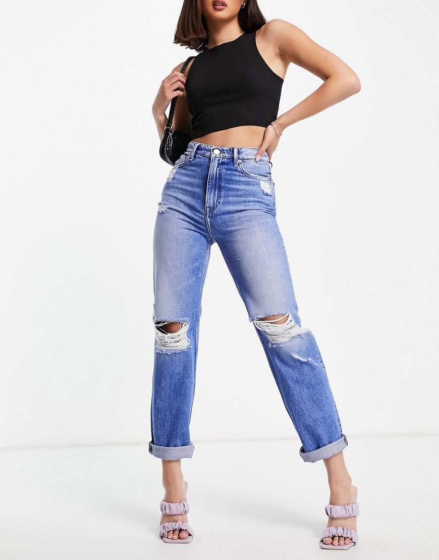 Tommy Jeans high rise straight leg ripped knee jeans in light blue wash-Blues