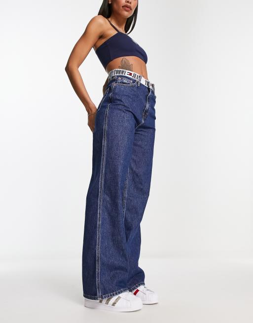 Mid wash high waisted wide hot sale leg jeans