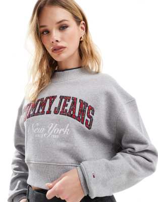 Tommy Jeans - Hochgeschlossenes College-Sweatshirt in Grau mit kurzem Schnitt