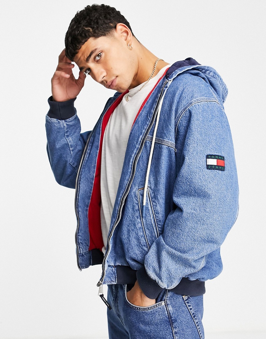 Tommy Jeans hooded denim jacket in mid wash-Blue