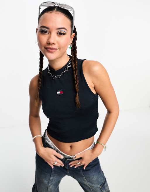Tommy Jeans - Hoogsluitende crop tanktop in zwart