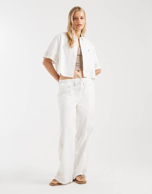 Tommy Jeans – Hose aus Leinen in Cremeweiß mit Lochstickerei, 5 von 5
