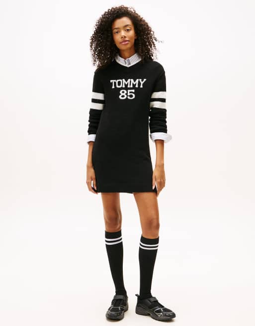 Tommy Jeans Intarsia logo v-neck midi jumper dress in black