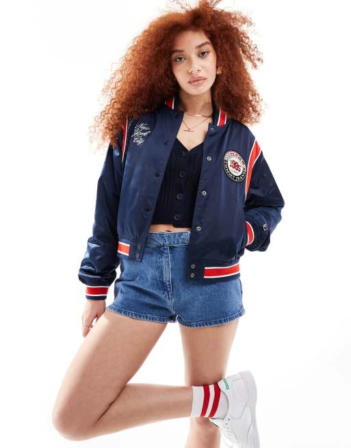 Tommy Jeans International Games satin bomber jacket in indigo