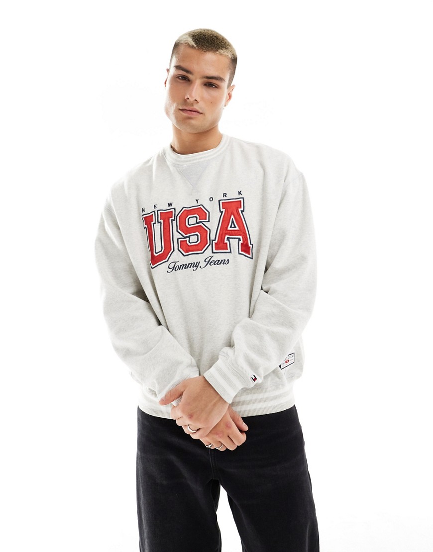 Tommy Jeans International Games unisex USA crew neck sweatshirt in heather grey