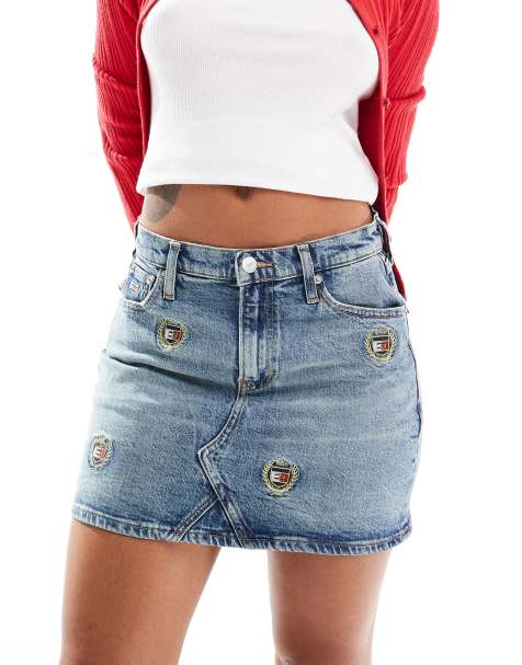 Tommy Jeans Izzie denim mini skirt in mid wash with crest logos