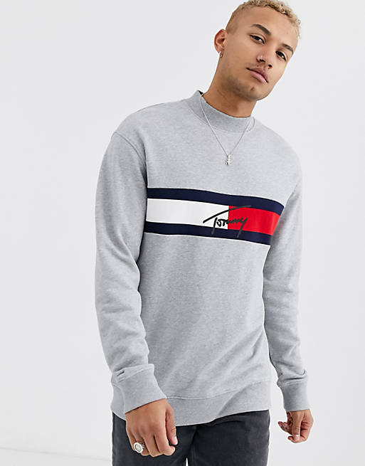 Tommy Jeans jacquard flag logo panel sweatshirt in grey marl | ASOS