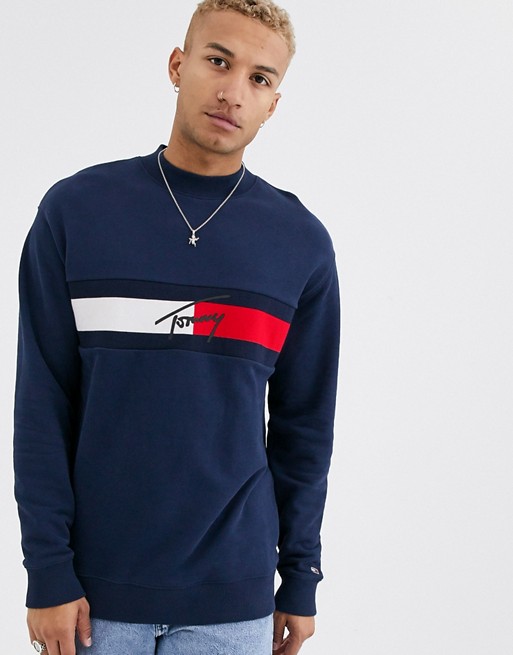 Tommy Jeans jacquard flag logo panel sweatshirt in navy