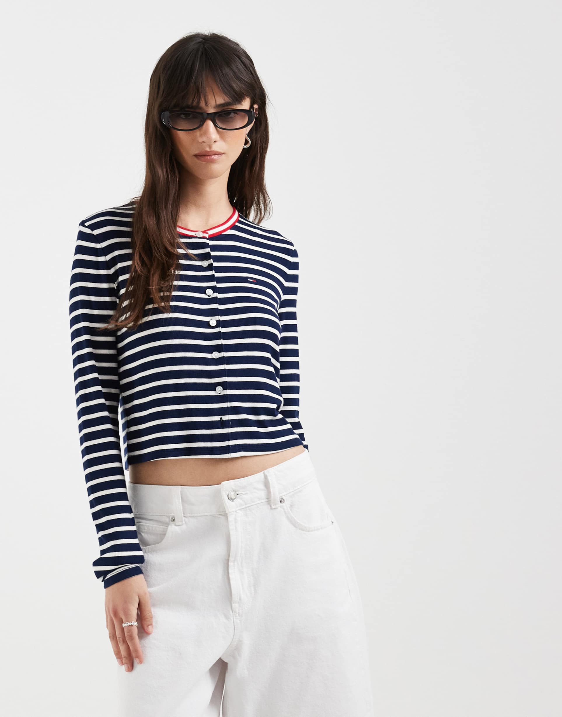 tommy jeans jersey slim fit rib knit long sleeve cardigan in navy stripes