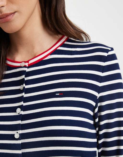 Tommy Jeans jersey slim fit rib long sleeve cardigan in navy stripe, 4 of 4