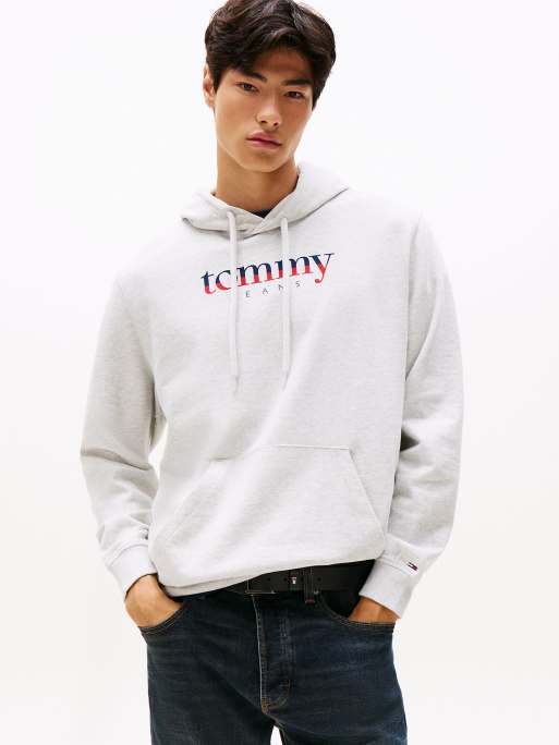 Tommy Jeans – Kapuzenpullover in Hellgrau mit Logo und Kordelzug