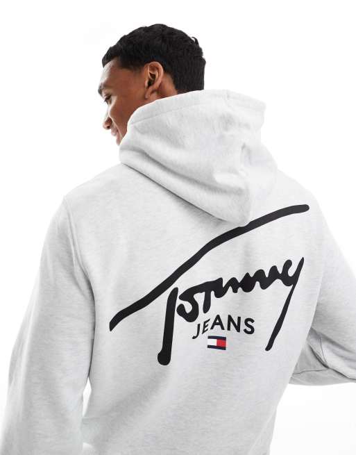 Tommy Jeans – Kapuzenpullover in Hellgrau mit Signatur-Logo und Kordelzug