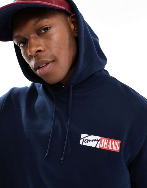 Tommy Jeans – Kapuzenpullover in Marineblau mit Kordelzug und Signatur-Logo