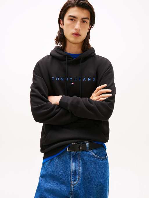 Tommy Jeans – Kapuzenpullover in Schwarz mit linearer Logostickerei und Kängurutasche