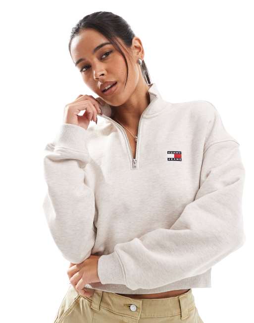 Tommy Jeans – Kastig und kurz geschnittenes Sweatshirt in Weiß mit kurzem Reißverschluss