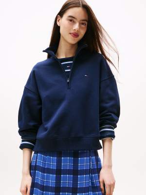 Tommy Jeans - Kastiger Pullover in Dunkelblau mit Flaggenstickerei und kurzem Reißverschluss