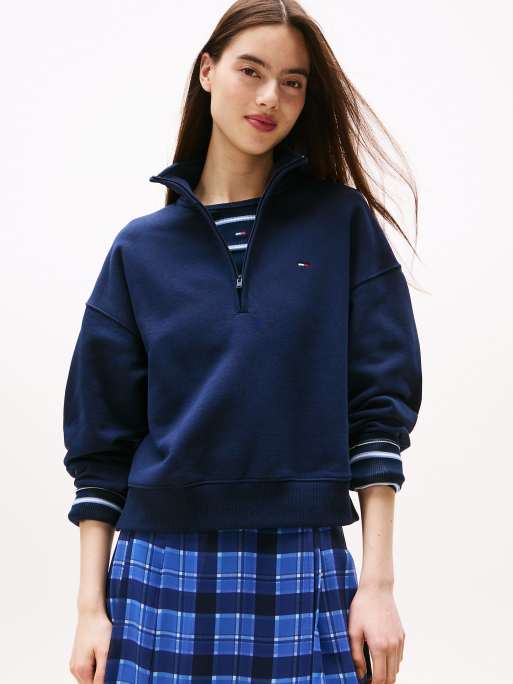 Tommy Jeans – Kastiger Pullover in Dunkelblau mit Flaggenstickerei und kurzem Reißverschluss