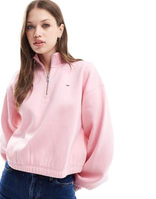 Tommy Jeans - Kastiges Sweatshirt in Rosa mit halbem Reißverschluss