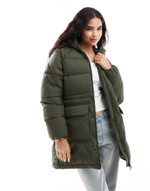 Tommy Jeans – Khakigrön, lång pufferjacka i oversize