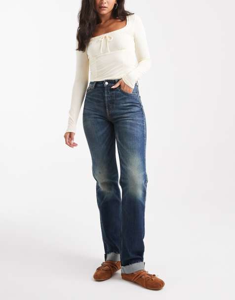 Tommy Jeans Kira mid rise slim straight turn up jeans in dark wash