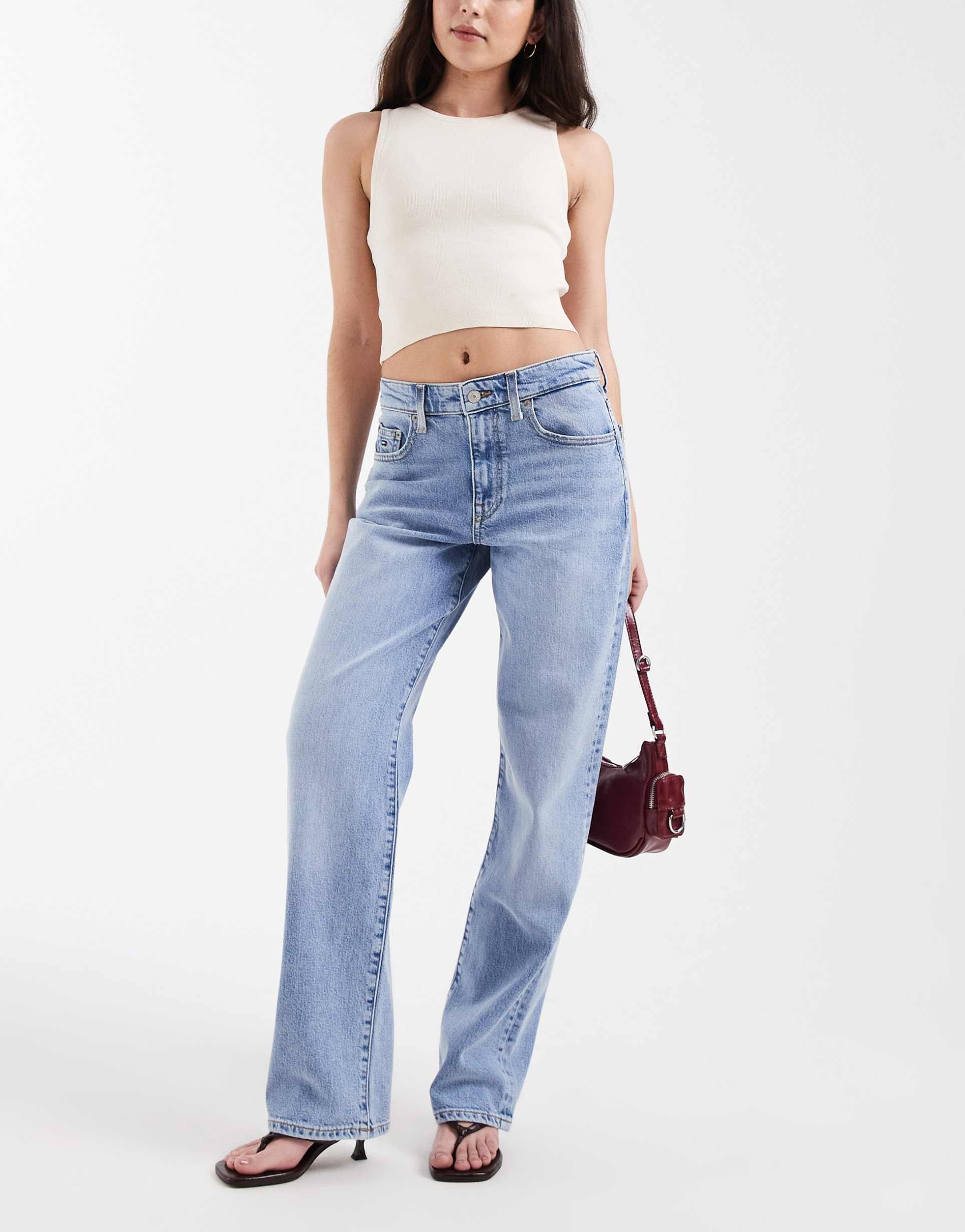 tommy jeans kira mid rise slim straight jeans in light wash blue