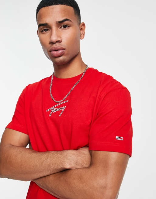 Tommy Jeans – Klassisch geschnittenes T-Shirt aus Baumwolle in Rot mit mittigem Schriftzug-Logo