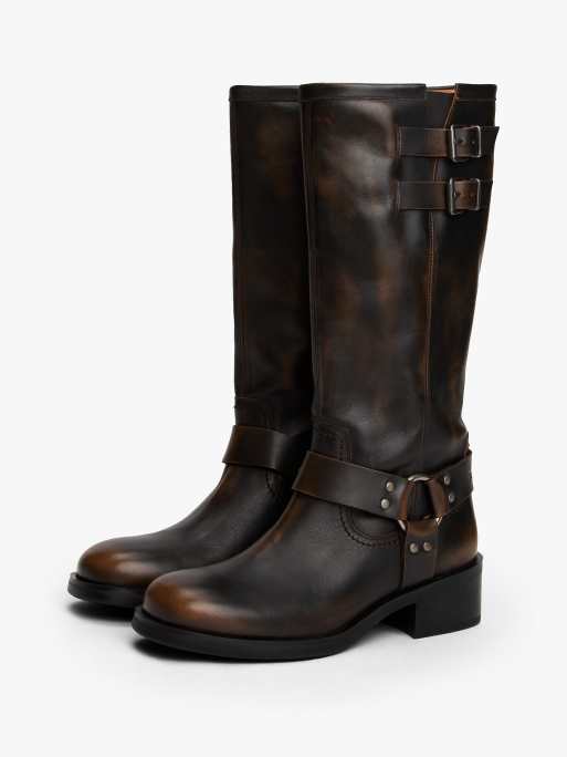 Tommy Jeans – Kniehohe Biker-Stiefel aus Leder in Dunkelbraun